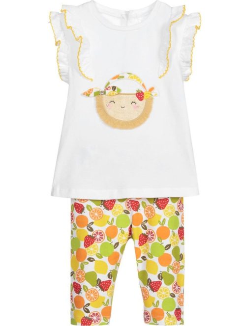 Mayoral fehér, fodros lány póló és gyümölcsös leggings szett – 70 cm