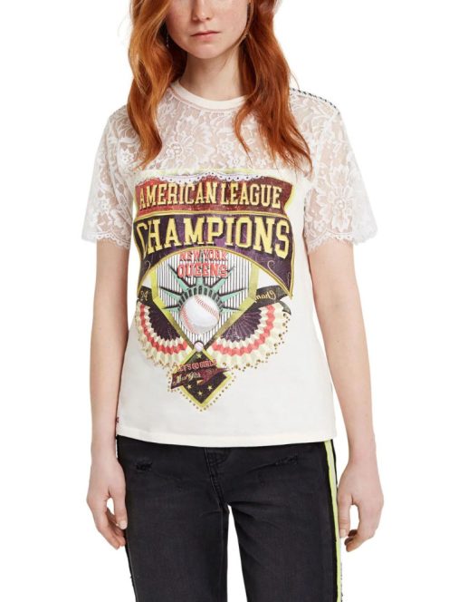 Desigual Champions krémszínű, csipkés női póló – S